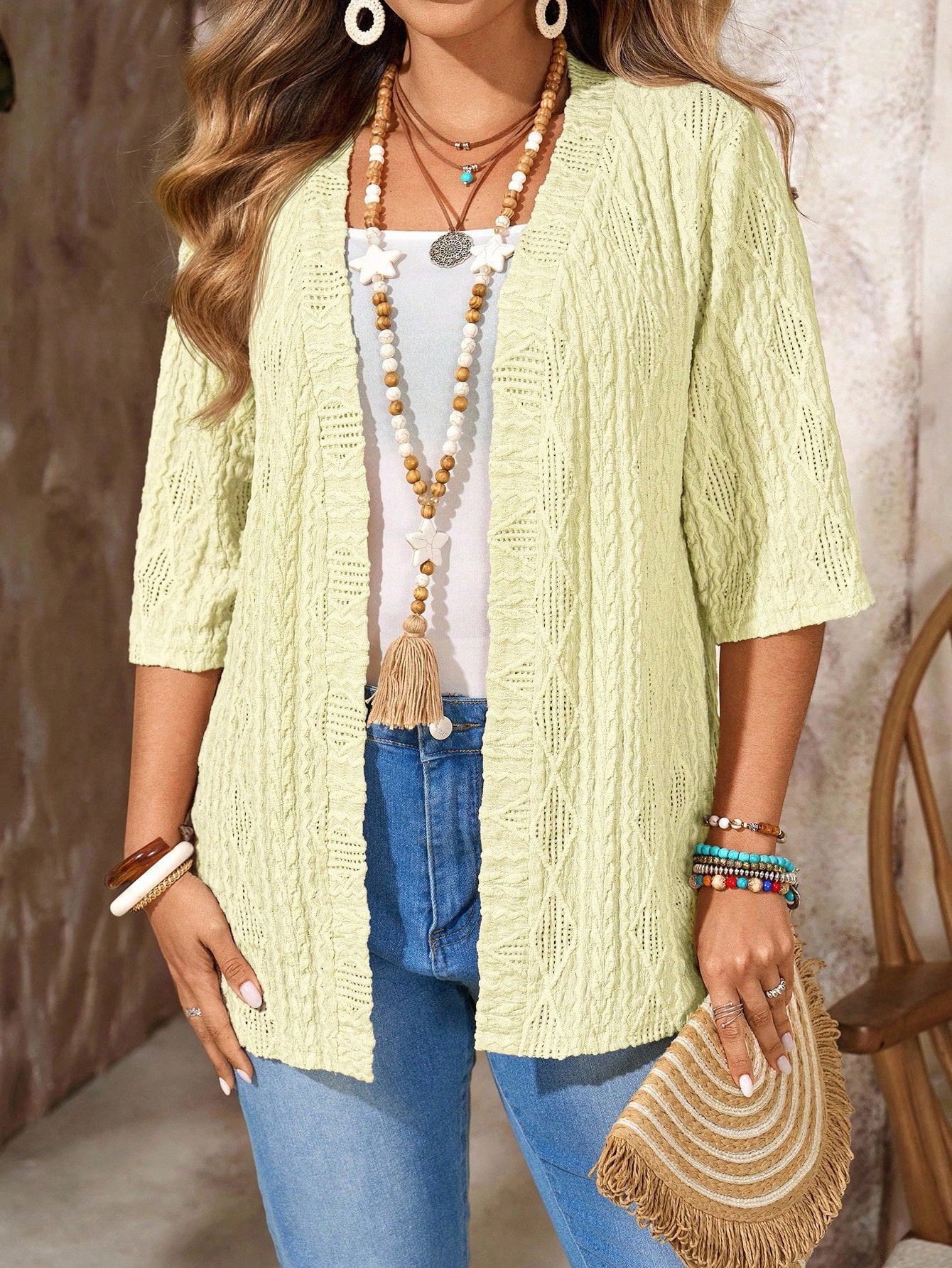 spring and autumn women's large casual hollowed-out cardigan solid color top