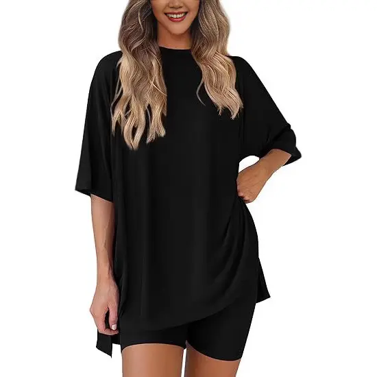 Women's 2026 Summer Minimalist Basic Suits, Two-Piece Set For Women Round Neck Oversized Shirt & Fitted Shorts Matching Clothing Set, Plus Size Split Hem Clothes for Airport Travel & Lounge, Crewneck  pretty girl sets
