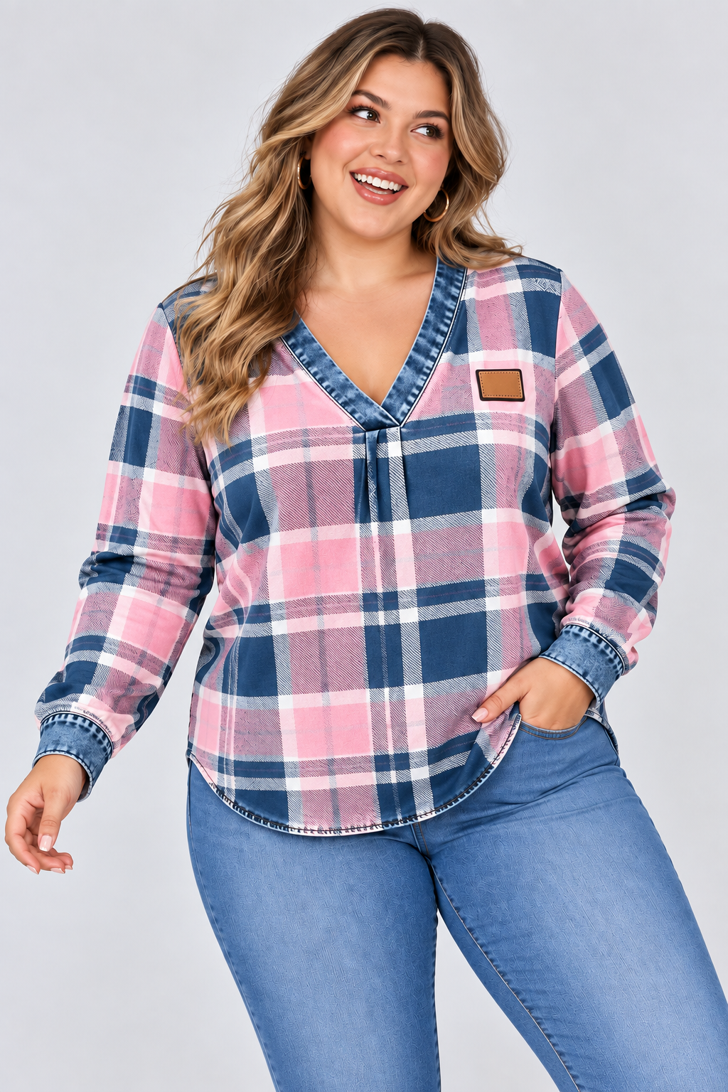 V-Neck Casual Checkered Print Long-Sleeve Top