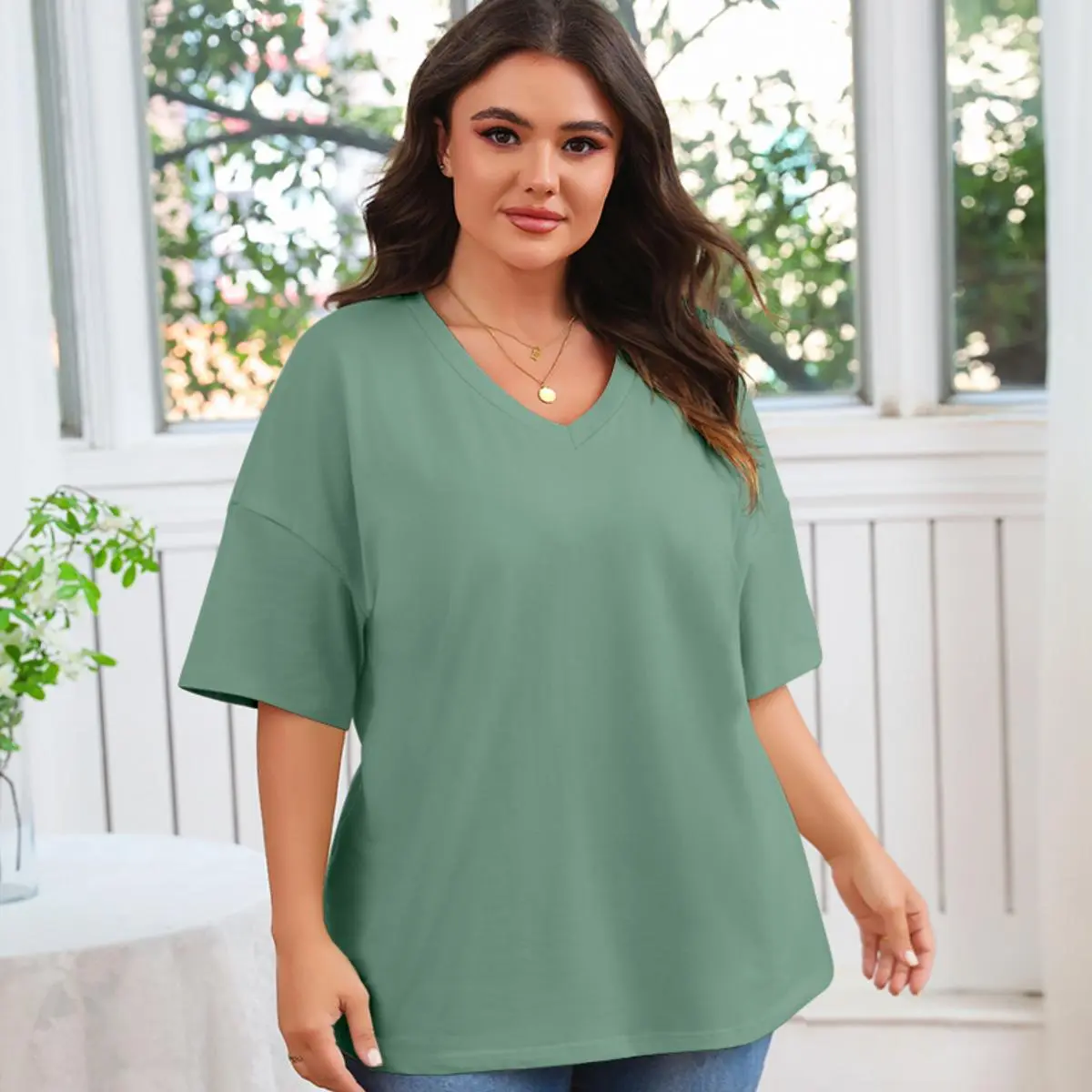 Women's Plus Size V Neck T Shirts Summer Half Sleeve Tees Casual Loose Fit Cotton Tunic Tops