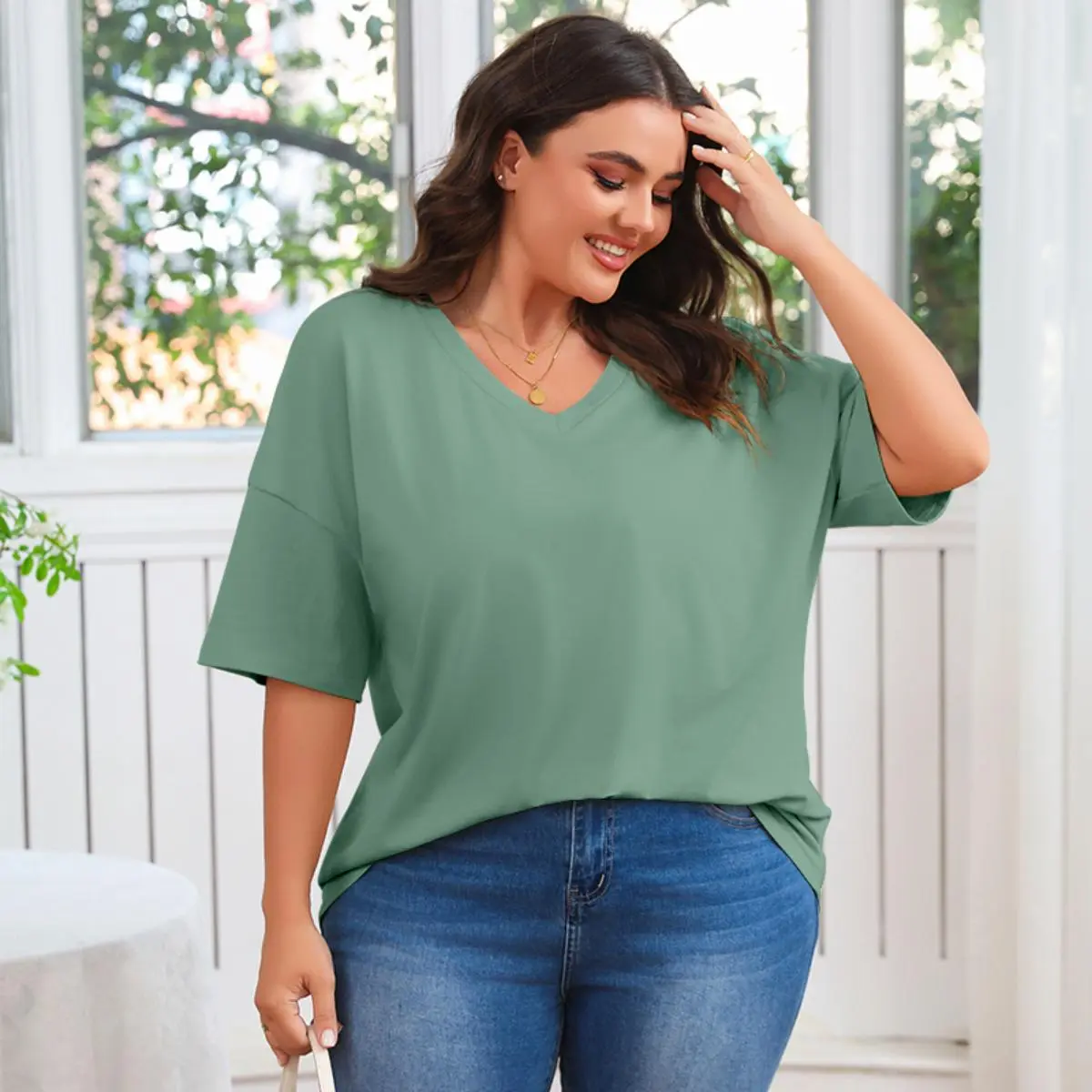 Women's Plus Size V Neck T Shirts Summer Half Sleeve Tees Casual Loose Fit Cotton Tunic Tops