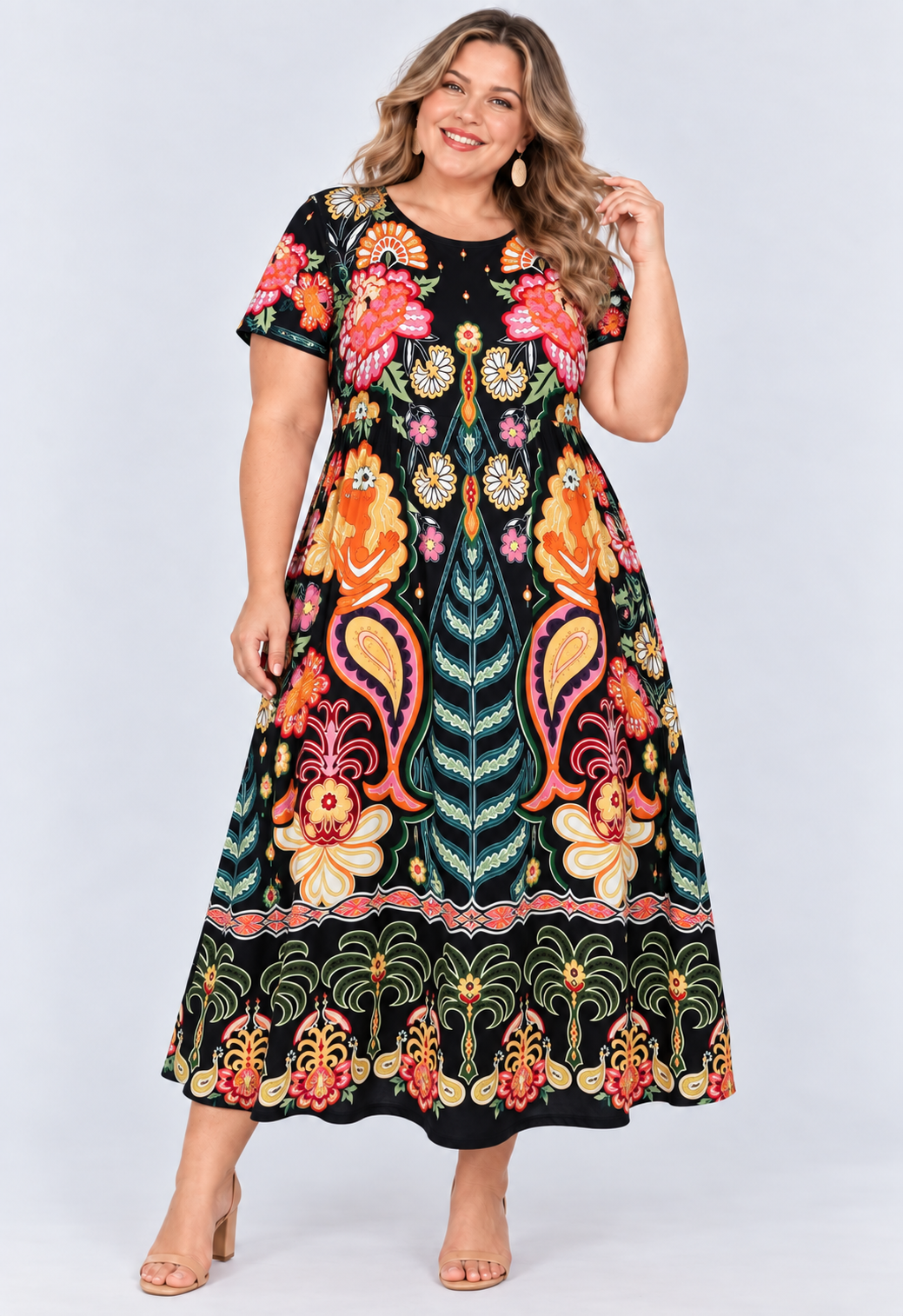 Printed loose pocket casual short sleeve women's dress