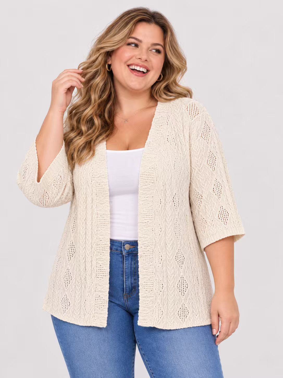 spring and autumn women's large casual hollowed-out cardigan solid color top