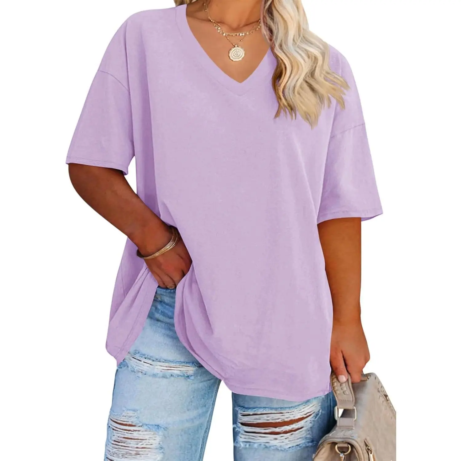 Women's Plus Size V Neck T Shirts Summer Half Sleeve Tees Casual Loose Fit Cotton Tunic Tops