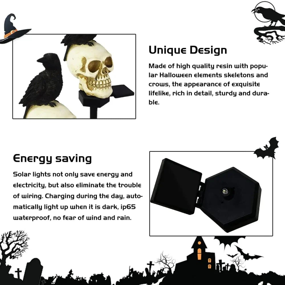 Detailed resin raven and skull Halloween ornament