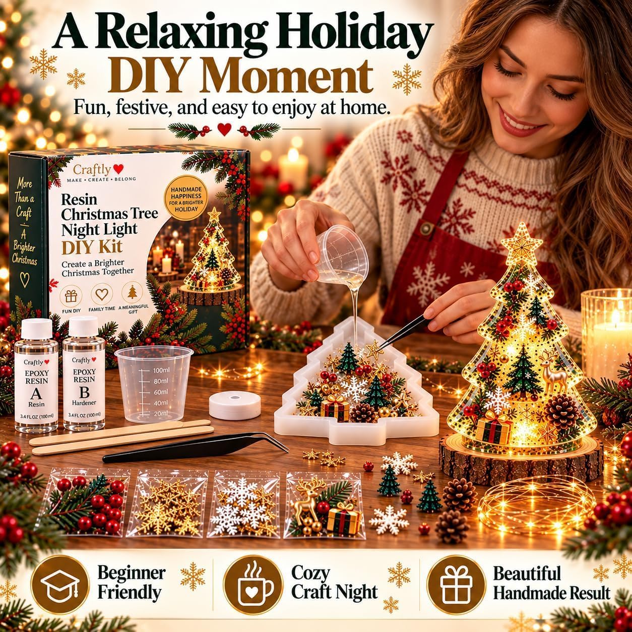 🎄Beginner-Friendly Resin Christmas Tree Night Light DIY Kit✨