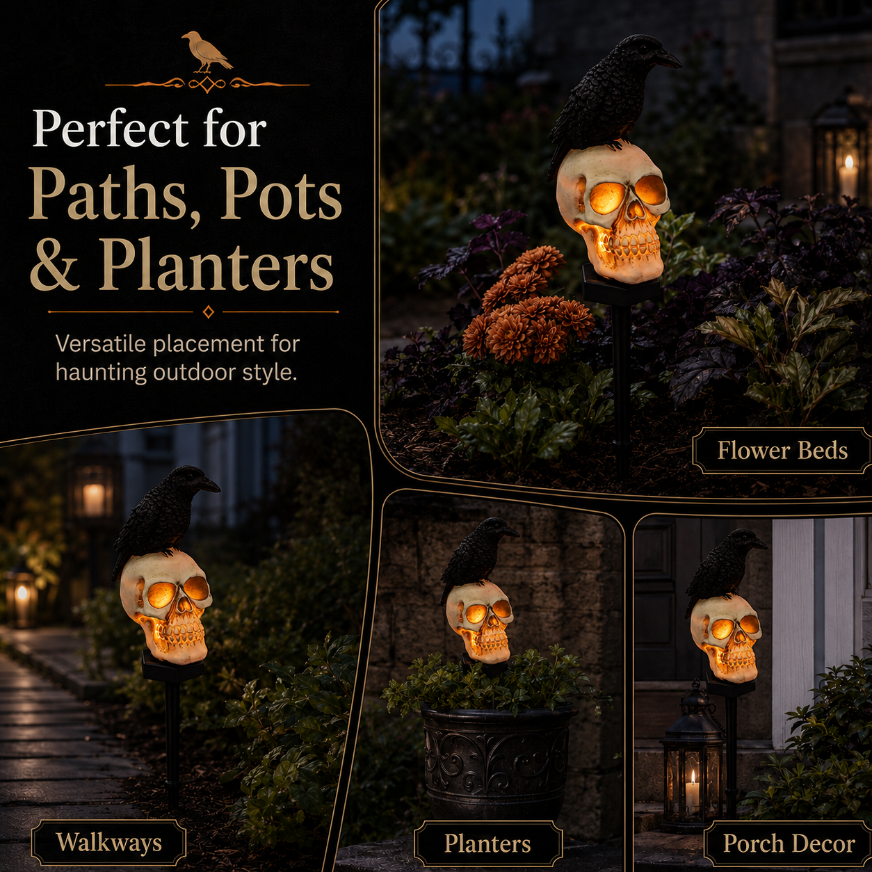 Solar-powered raven skull Halloween garden light