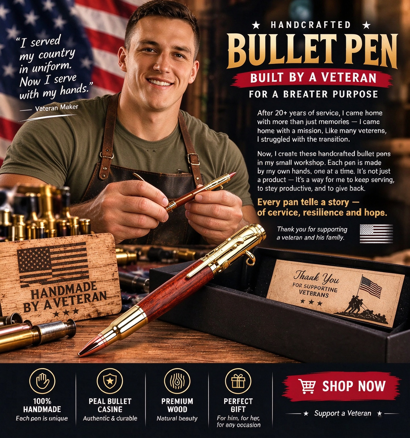 🖊100% Handmade Bolt Action Wooden Bullet PenTM | Crafted From Real Wood & Bullet Casing