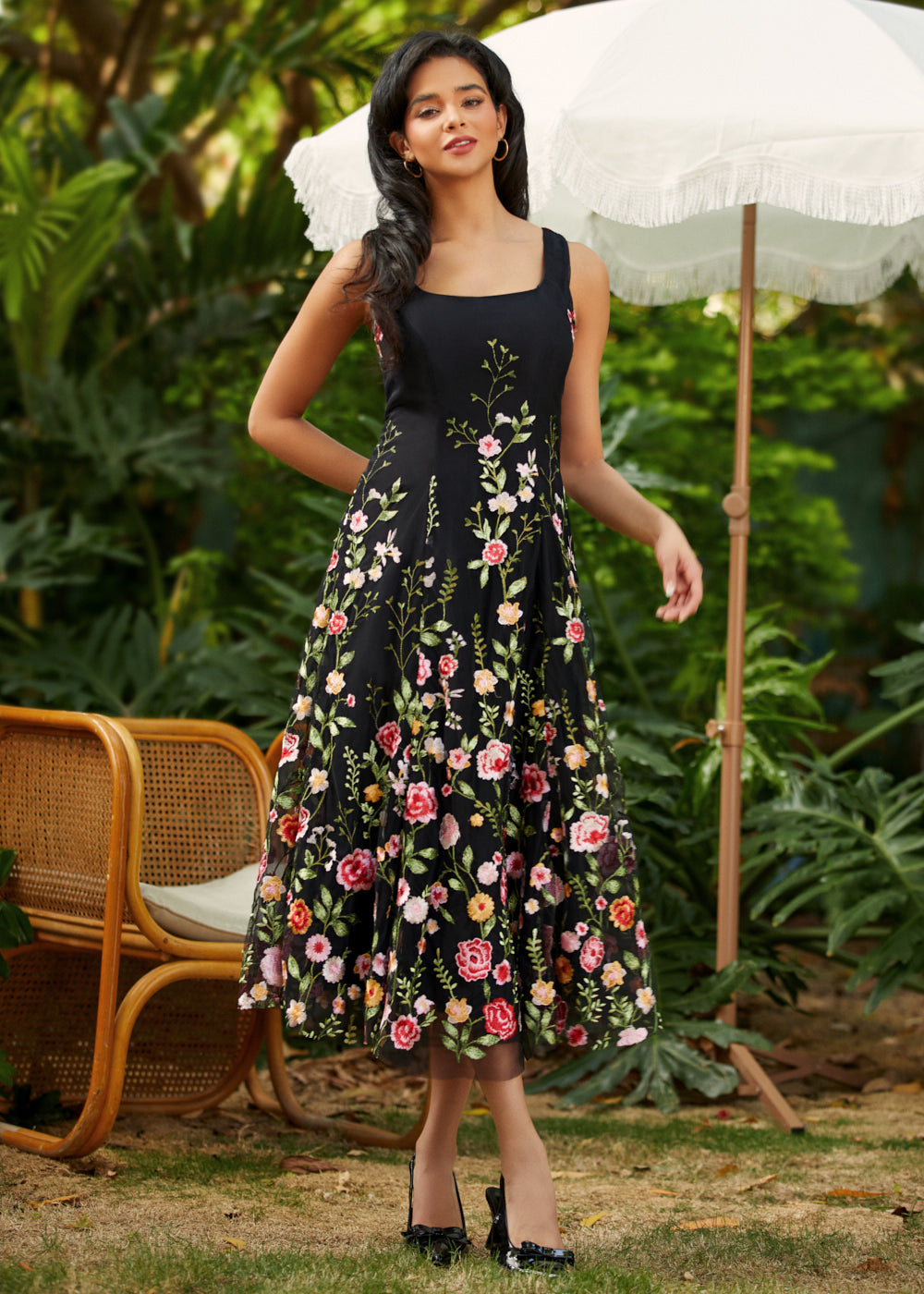 square neck fit and flare party dress with gored skirt vintage inspired a line silhouette front view