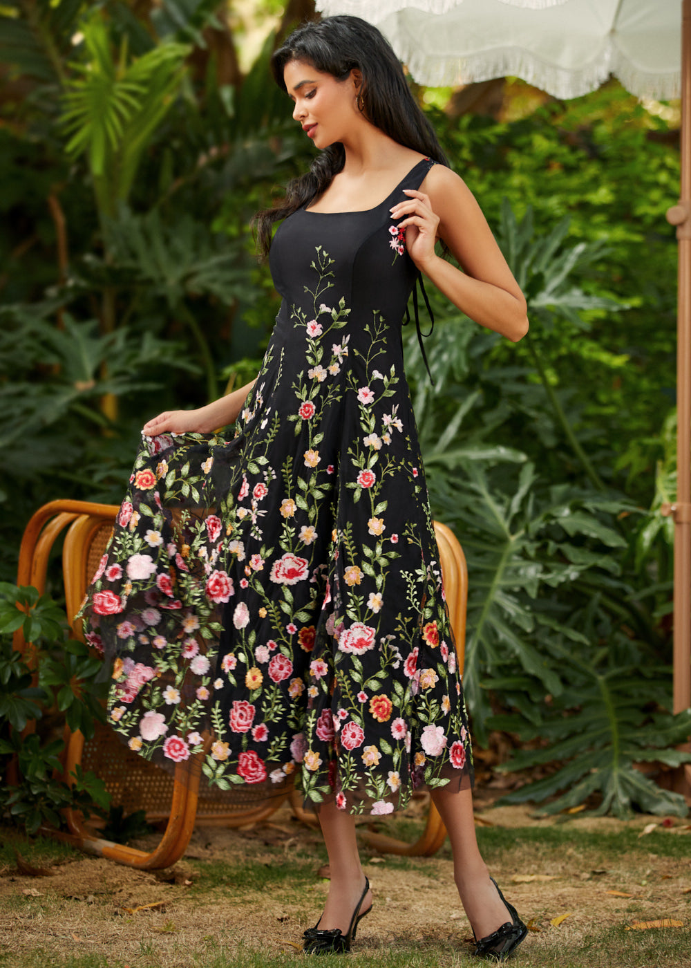 square neck fit and flare dress side view showing gored skirt shape and feminine silhouette