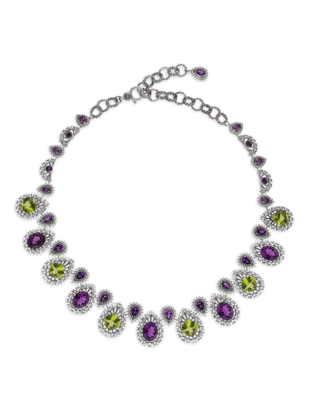 E-017 Eleganza necklace 18kt white gold, amethysts, peridots, and sapphires