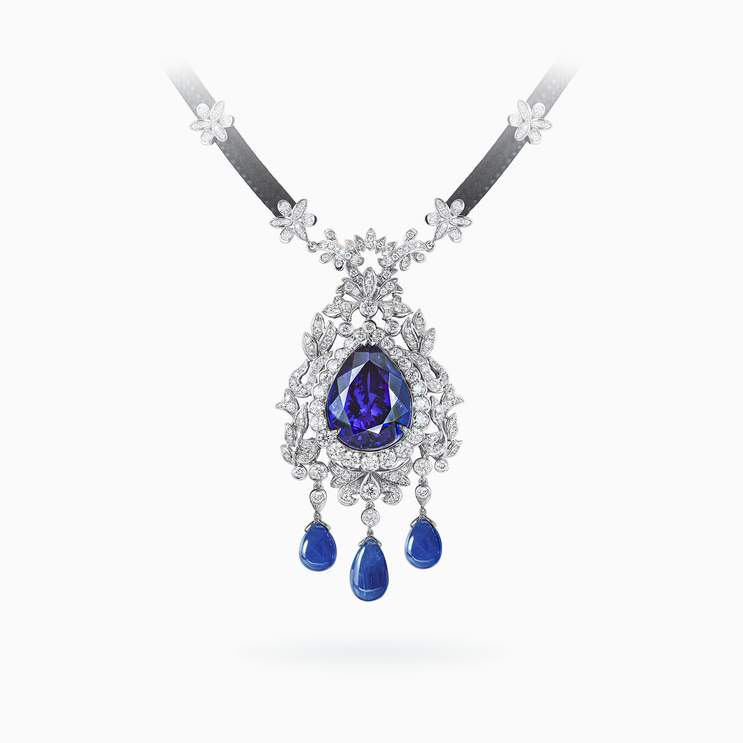 E-040 18K White Gold Tanzanite, Sapphire & Diamond Pendant