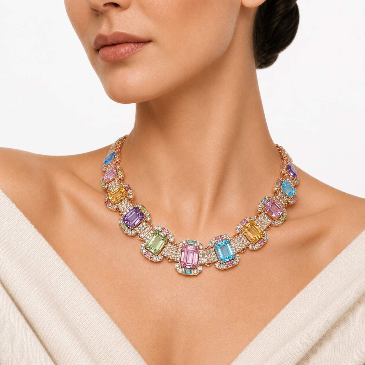 E-050 18K Rose Gold Colored Stone & Diamond Necklace