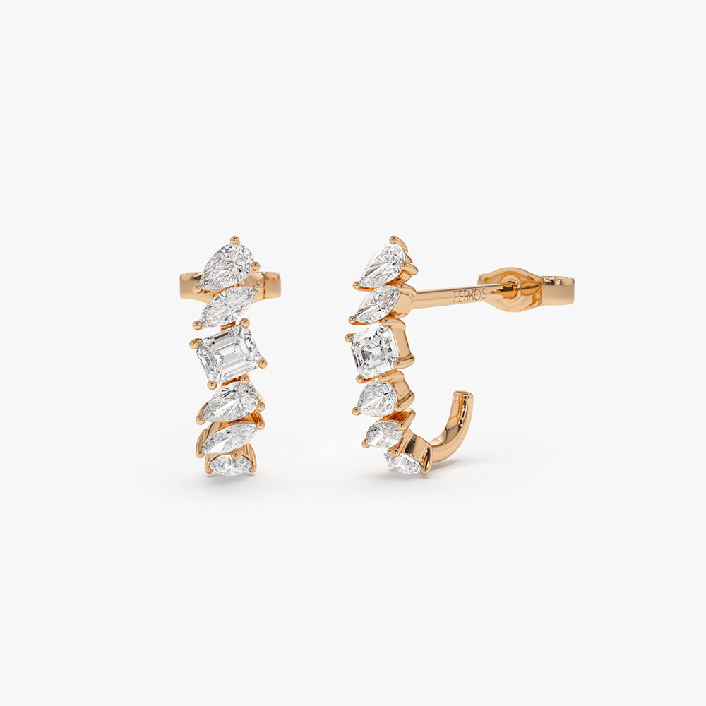 D-046  14k Rose Gold Mixed Diamond Shapes Statement Stud Earrings