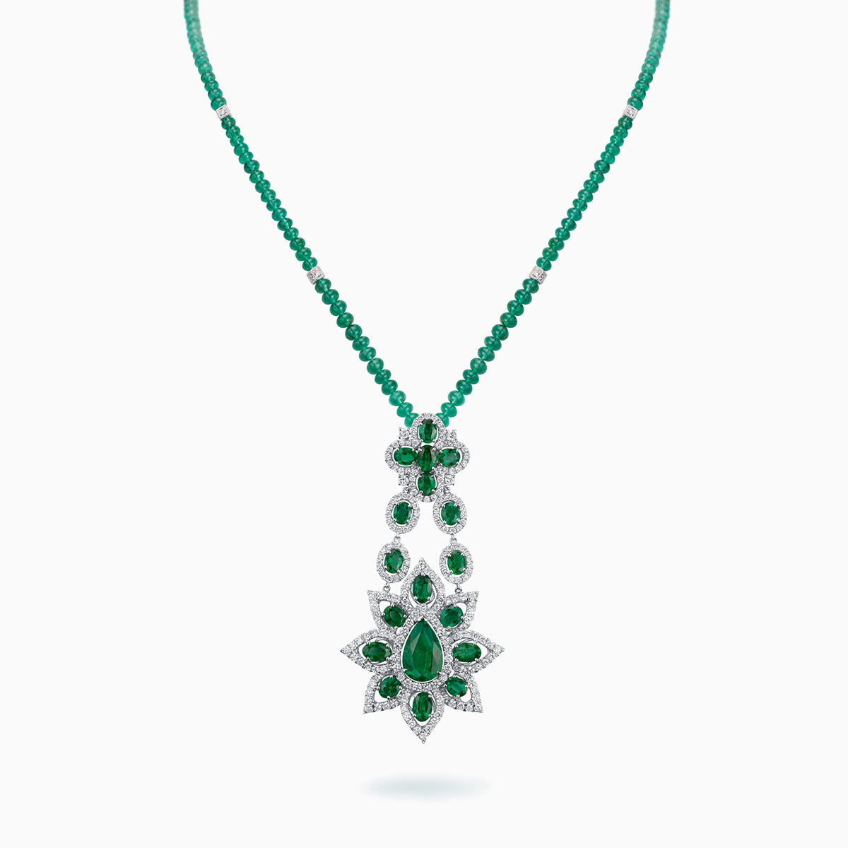 E-033 18K White Gold Emerald & Diamond Pendant