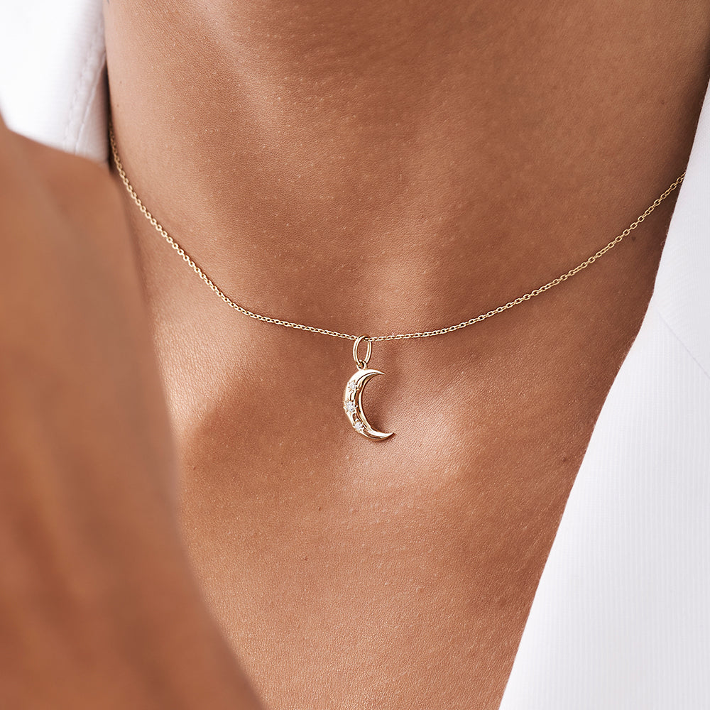 B-029  14k Rose Star Setting Crescent Diamond Necklace