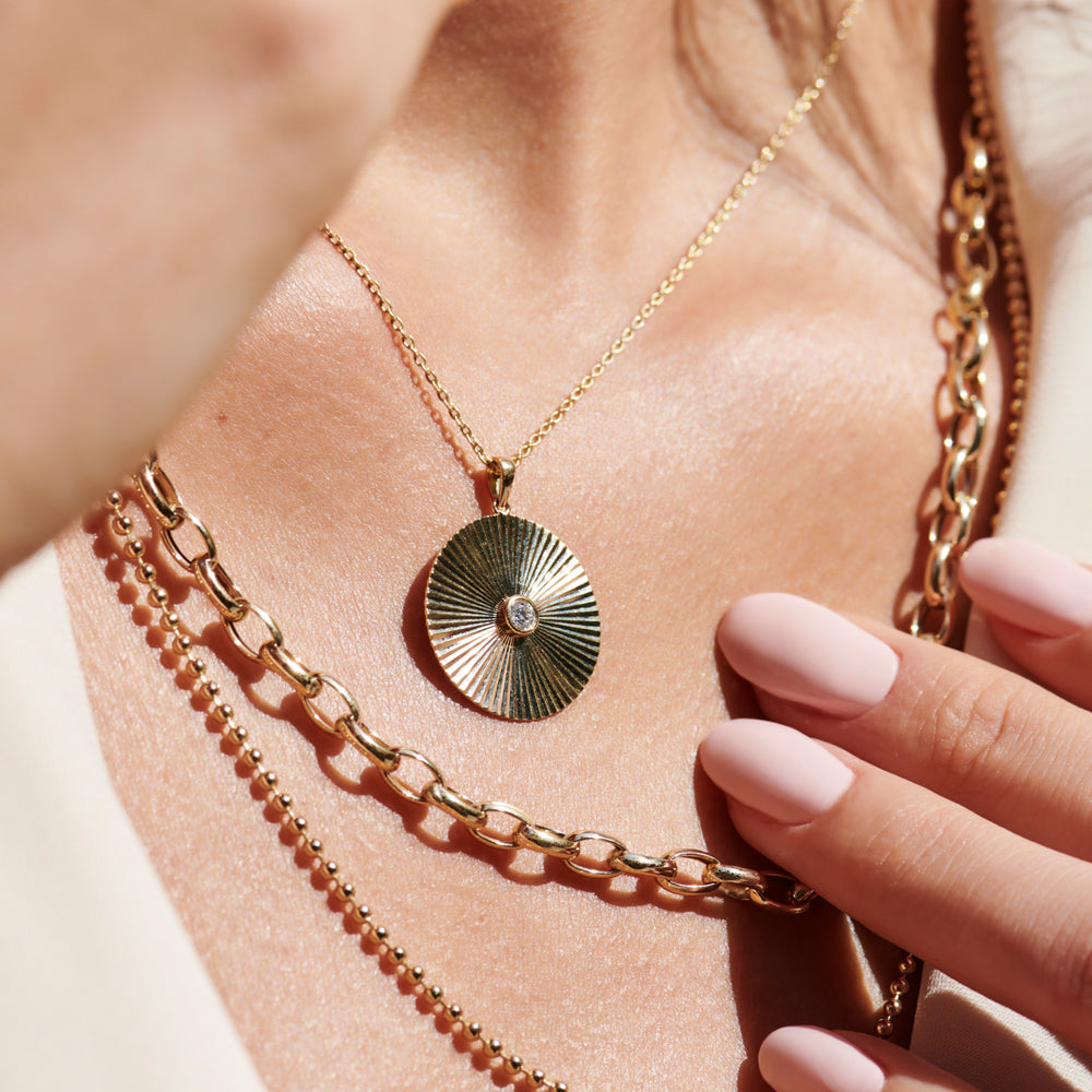 B-032  Large Diamond Disc Ray Necklace in 14K Rose Gold