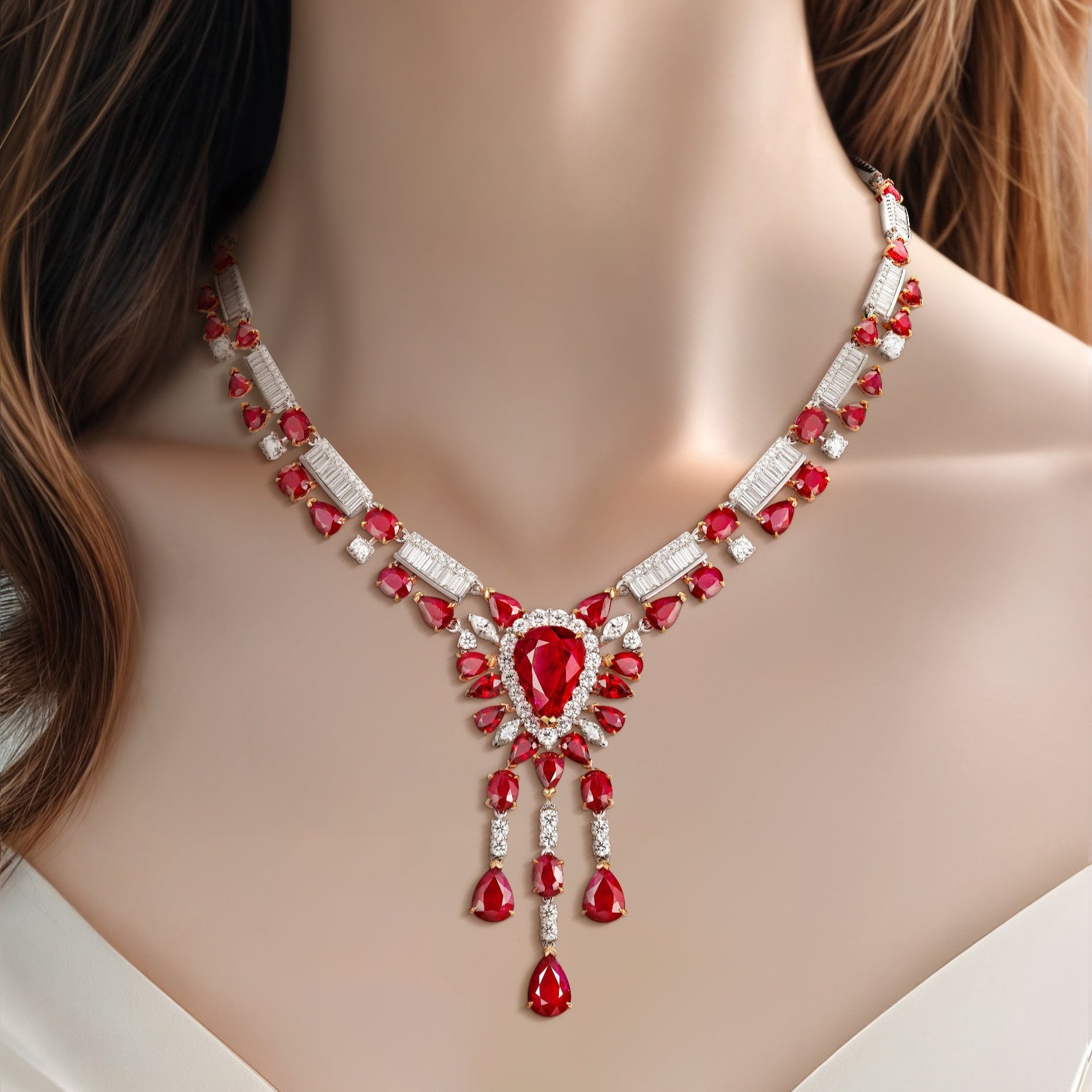 E-030 18K White & Rose Gold Ruby & Diamond Necklace