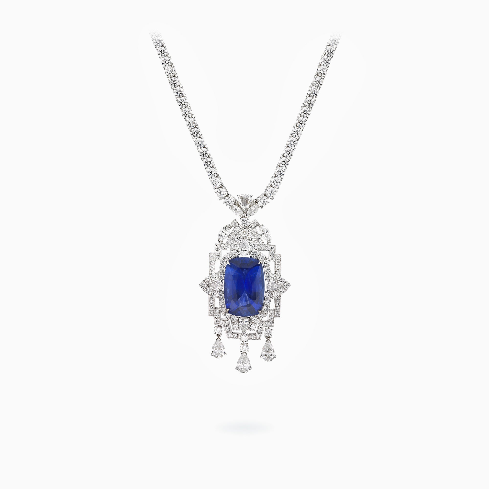 E-037 18K White Gold Sapphire & Diamond Pendant