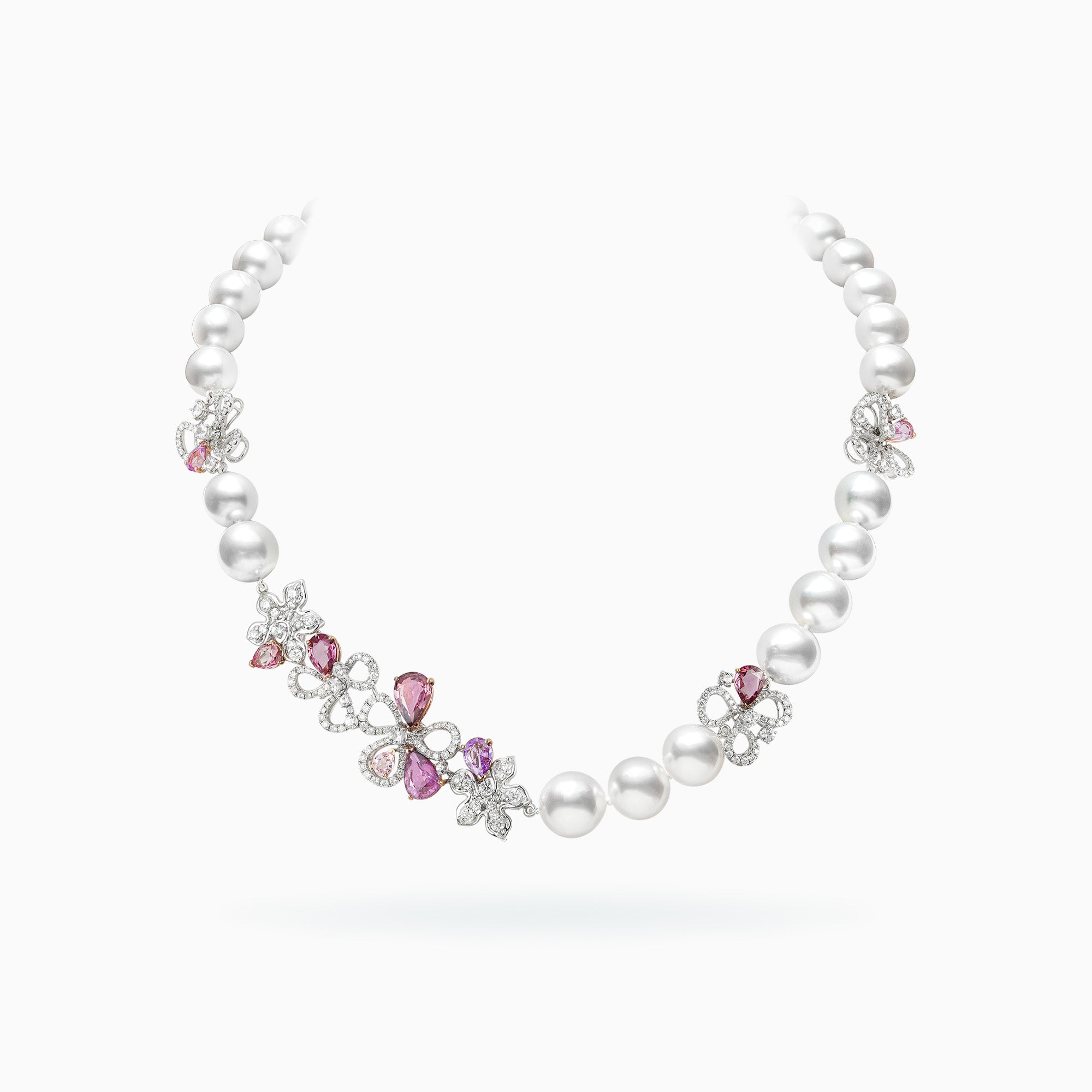E-043 18K White & Rose Gold White South Sea Pearl Sapphire & Diamond Necklace