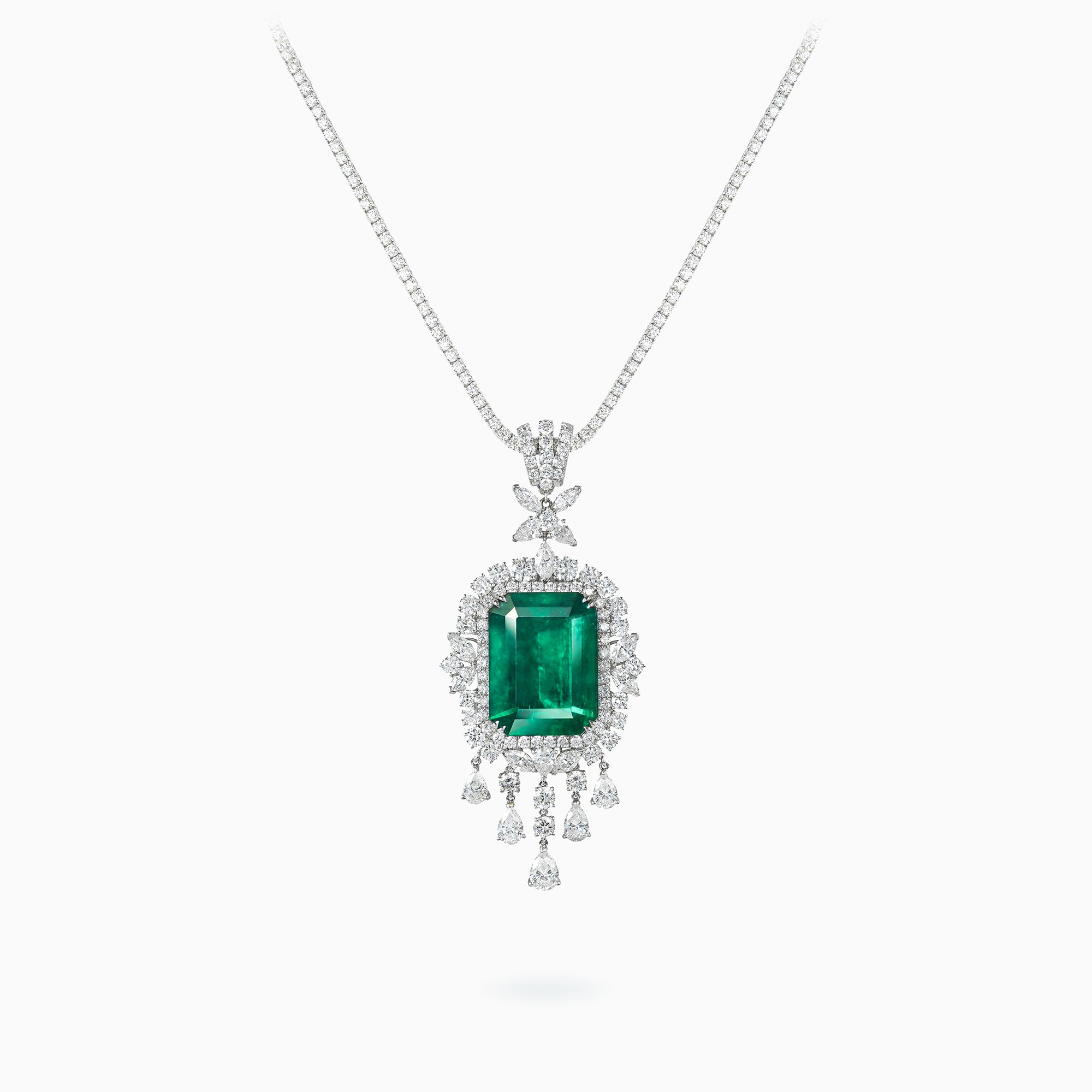 E-032 18K White Gold Emerald & Diamond Pendant