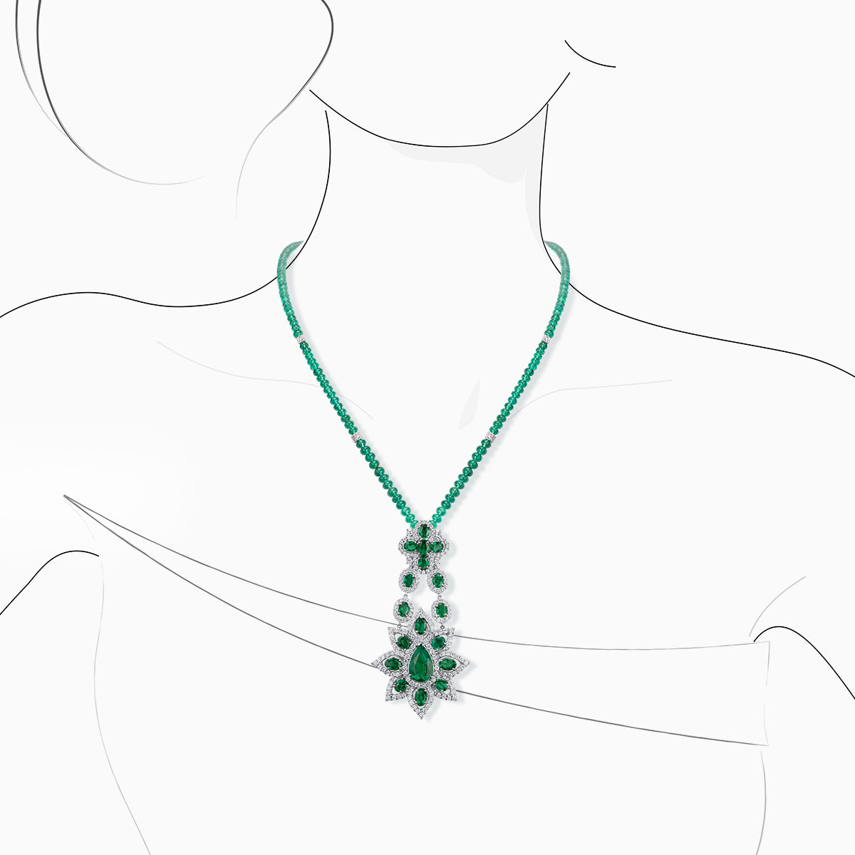 E-033 18K White Gold Emerald & Diamond Pendant