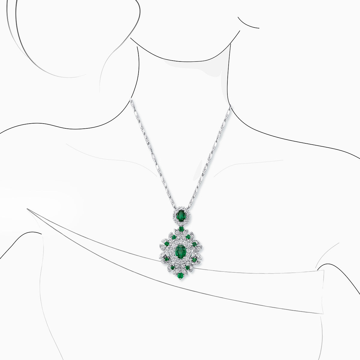 E-034 18K White Gold Emerald & Diamond Pendant
