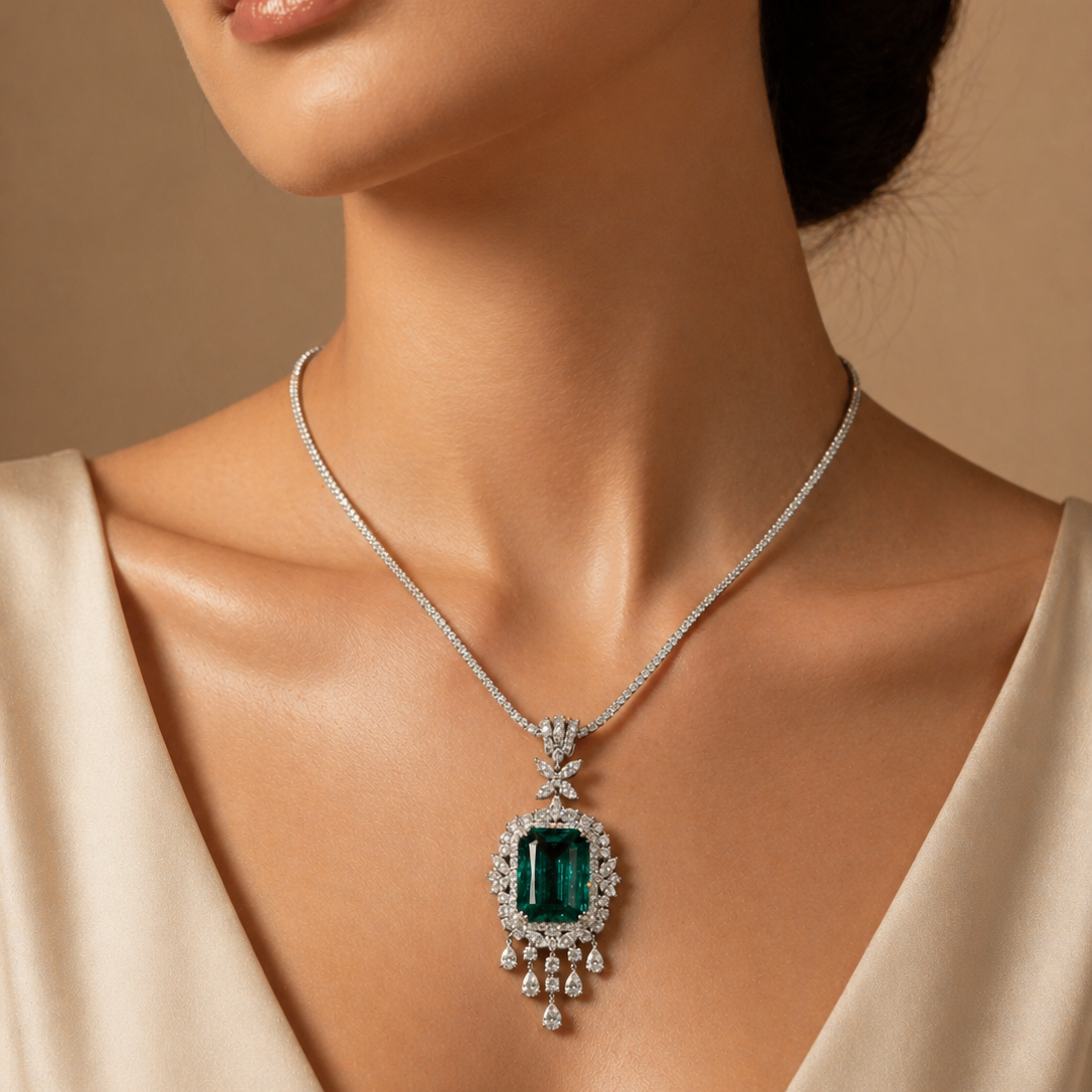E-032 18K White Gold Emerald & Diamond Pendant