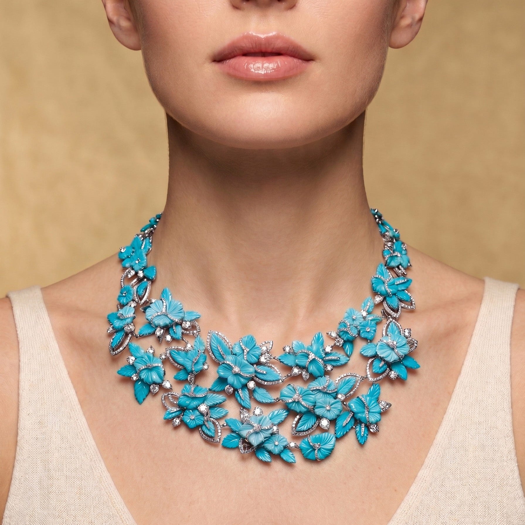 E-039 18K White Gold Sapphire Diamond & Turquoise Necklace