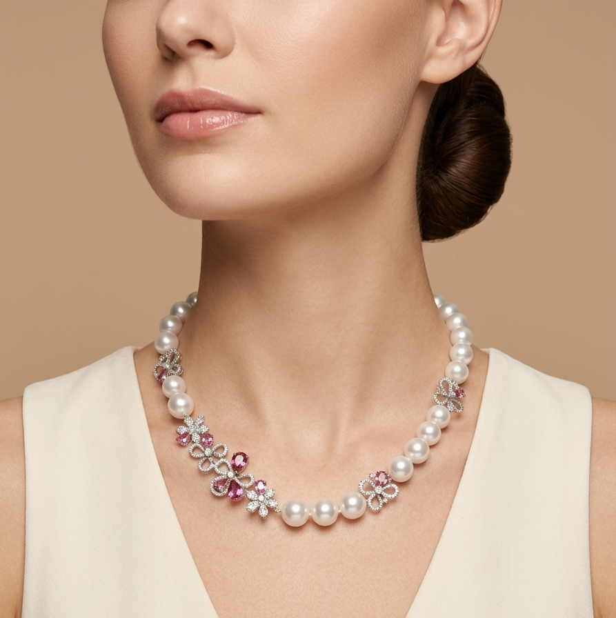 E-043 18K White & Rose Gold White South Sea Pearl Sapphire & Diamond Necklace