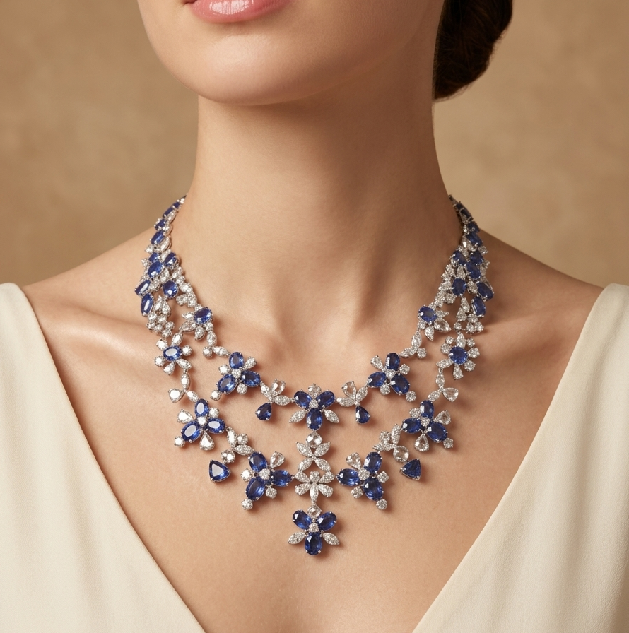 E-035 18K White Gold Sapphire, Diamond Necklace