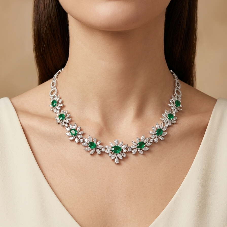 E-048 18K White Gold Emerald & Diamond Necklace
