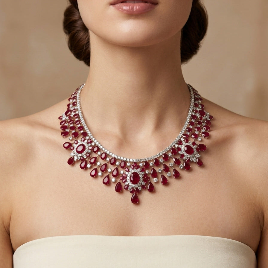 E-027 18K White & Rose Gold Ruby & Diamond Necklace