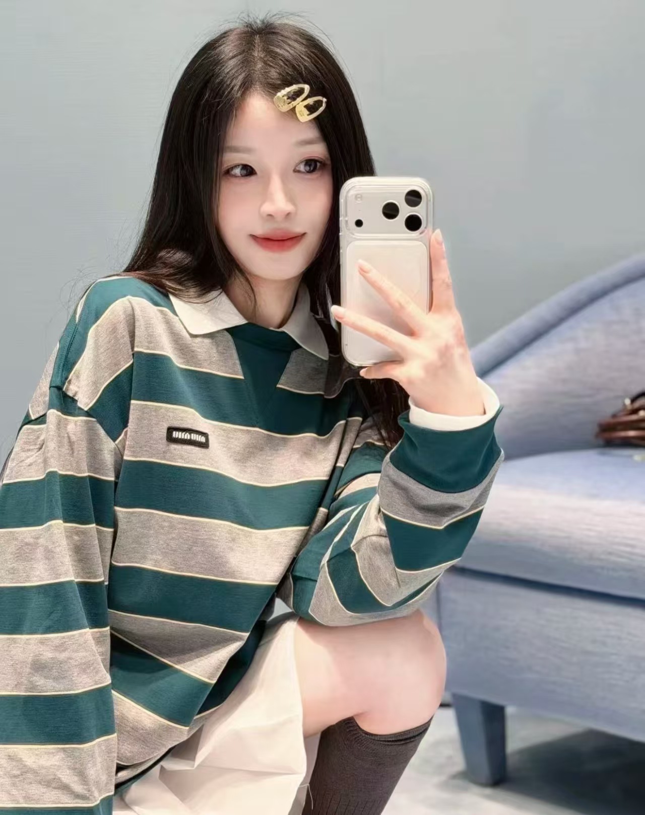 Mi*26 Latest Green-Grey Striped Long Sleeve T-shirt