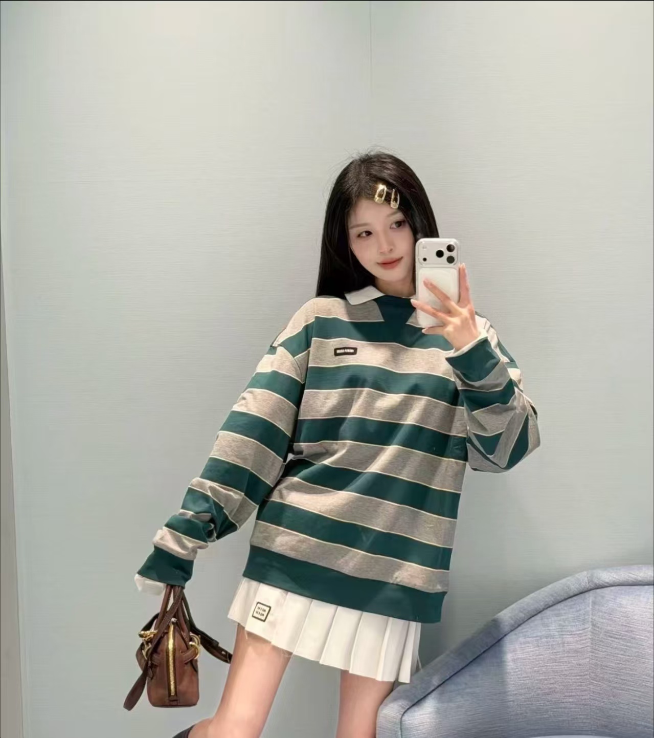 Mi*26 Latest Green-Grey Striped Long Sleeve T-shirt