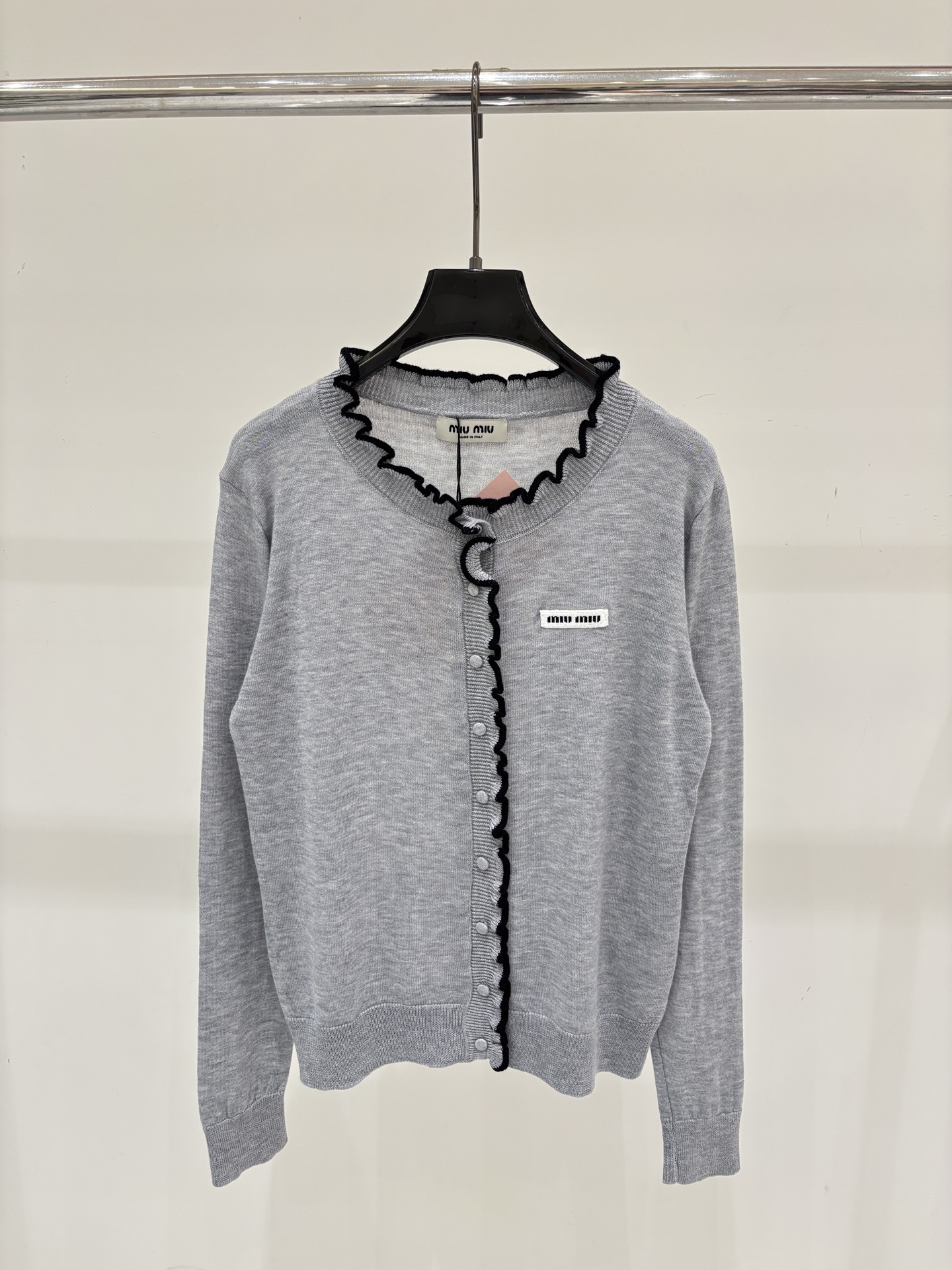 Mi Round  Logo Patch Ruffle Edge Design Simple Casual Knit Cardigan