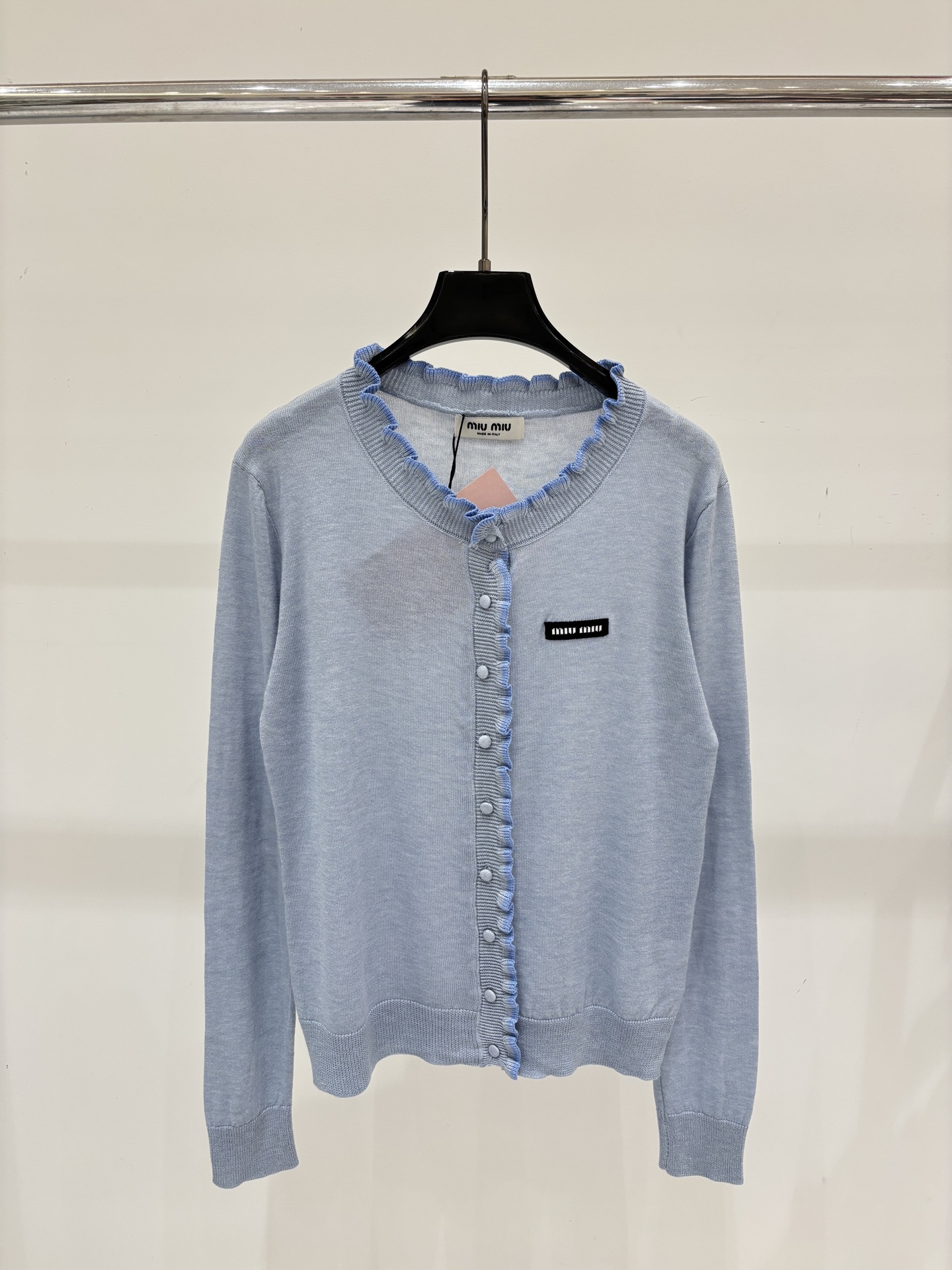 Mi Round  Logo Patch Ruffle Edge Design Simple Casual Knit Cardigan
