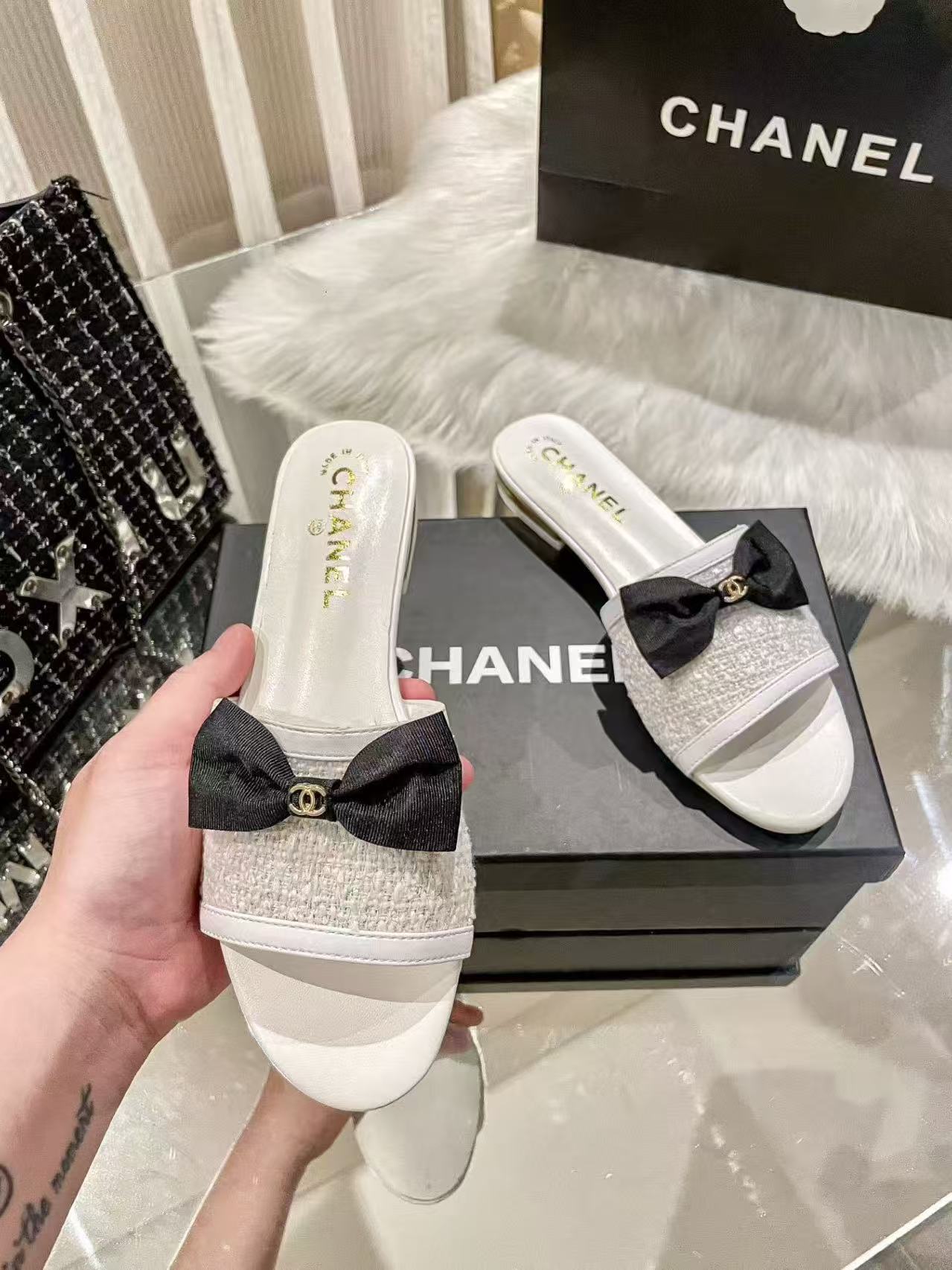 CC Tweed Bow Slip-On Sandals