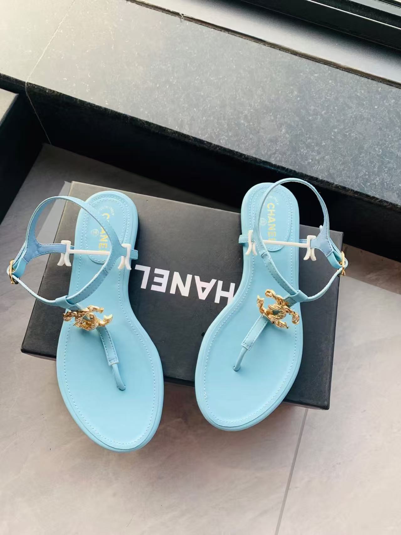 CC Aqua Thong Sandals with Gold CC Charm