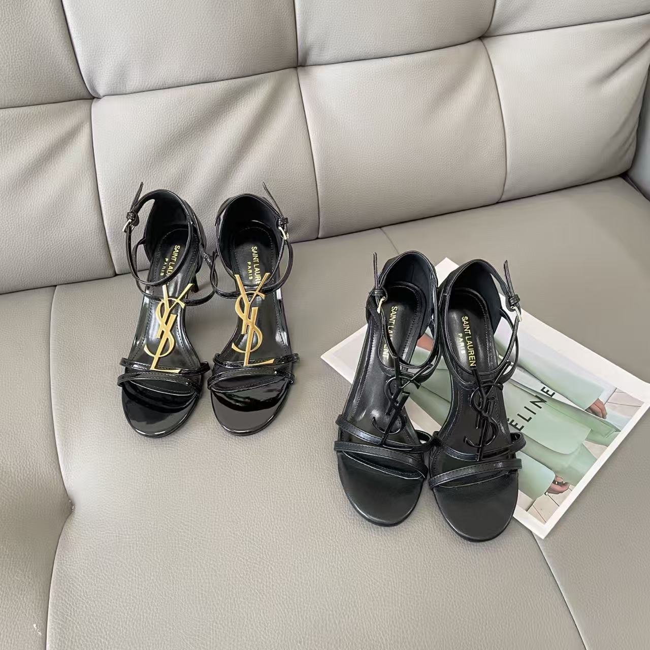 YSL - Style Black Patent Leather Strappy Sandals: Sleek Elegance for Evening Glamour