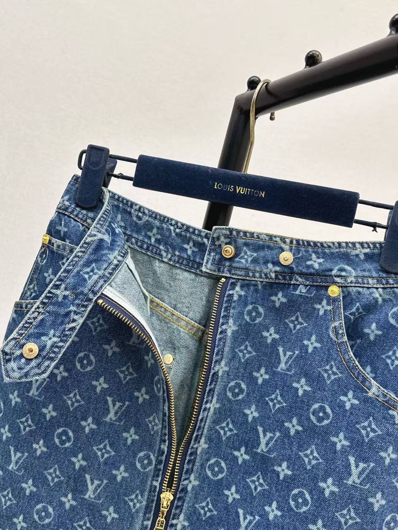 LU All-Over Monogram Denim A-Line Mini Skirt.
