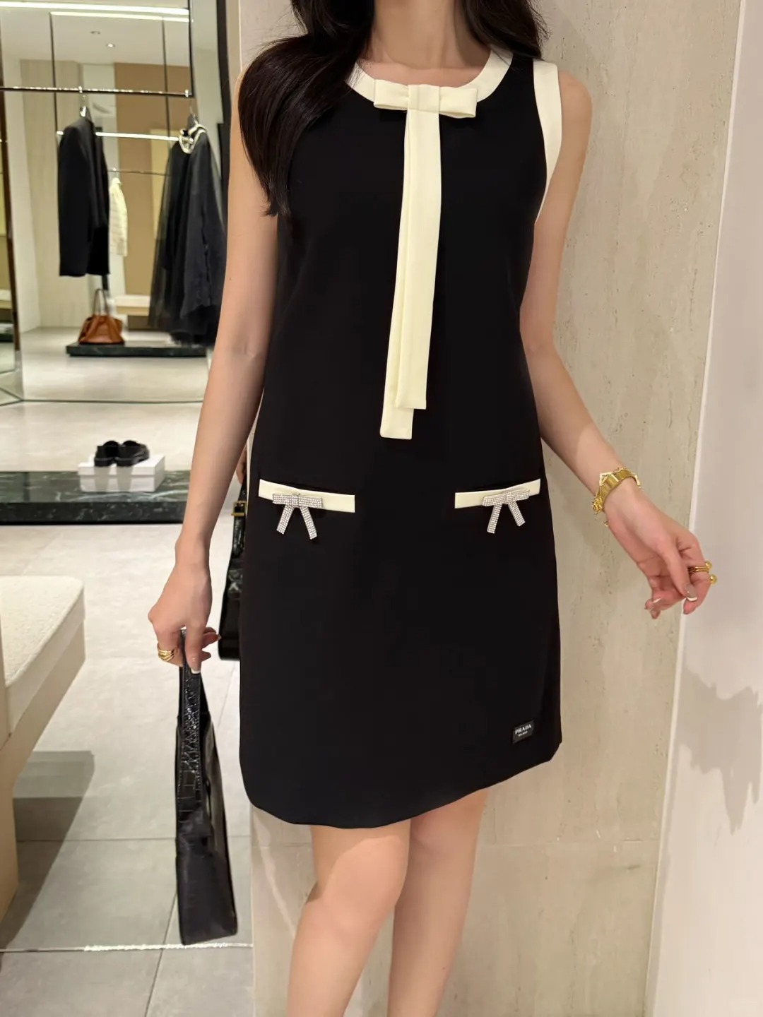 PRAD25SS Black and White Color Clash Vest Dress