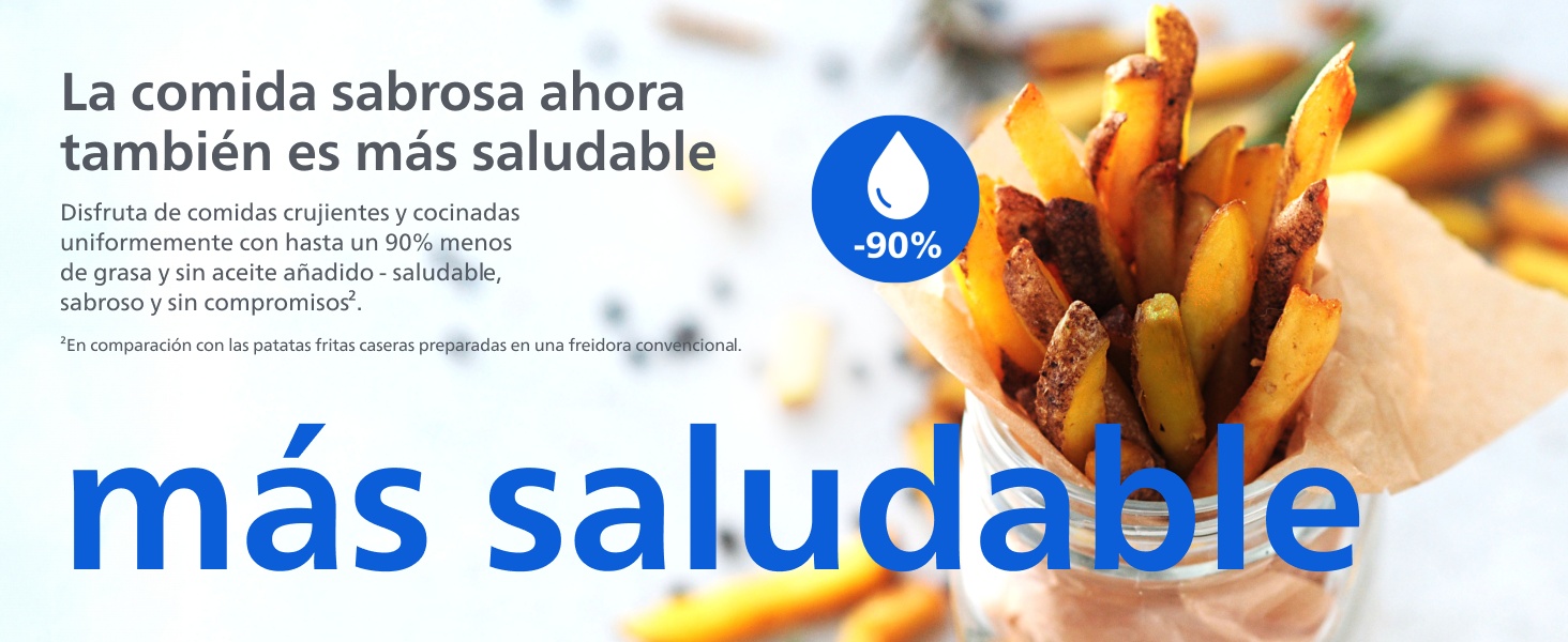 El texto dice «La comida sabrosa ahora también es más saludable» («La comida sabrosa ahora también es más saludable»). Publicación en redes sociales al estilo de Facebook con un mensaje de salud relacionado con la comida.