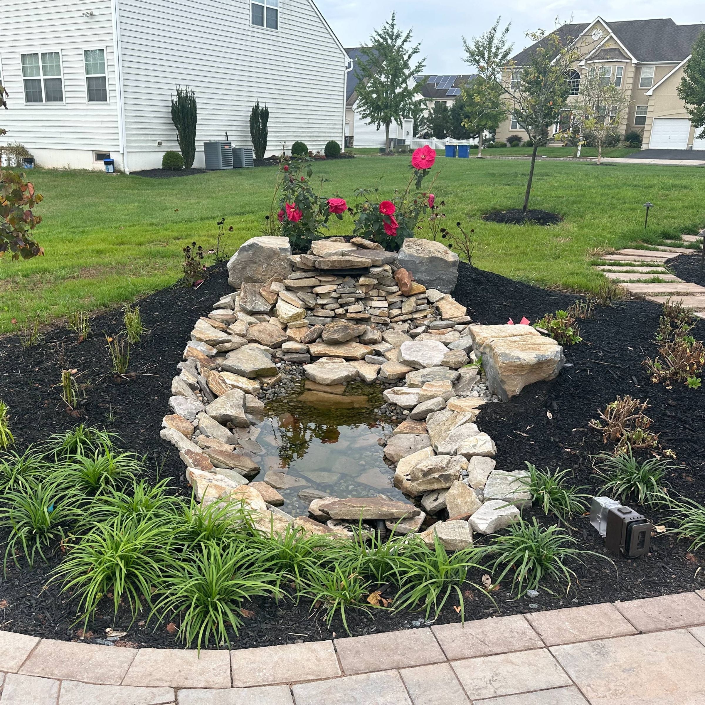 A custom-built natural stone waterfall and small garden pond surrounded by black mulch, featuring red flowering hibiscus and vibrant green lily turf (Liriope).