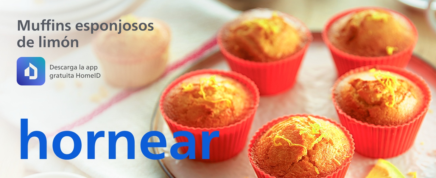 El texto dice «Muffins esponjosos de limón», «sin carne». La imagen muestra magdalenas de limón en bolsas de papel rojo, con una textura ligera y esponjosa.