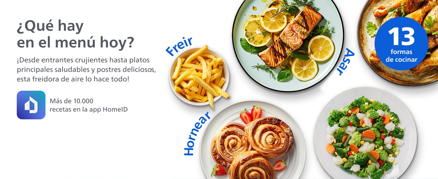 El texto dice «¿Qué hay en el menú hoy?» y «13». La interfaz de la aplicación de servicio de alimentos muestra varios platos preparados, como ensaladas y pasteles.