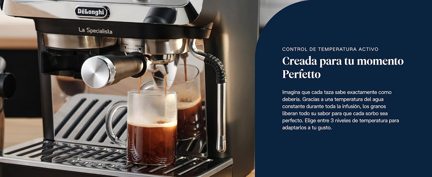Serie de pantallas de interfaz de máquinas de café que muestran las pantallas y configuraciones operativas en una combinación de colores azul oscuro y blanco.
