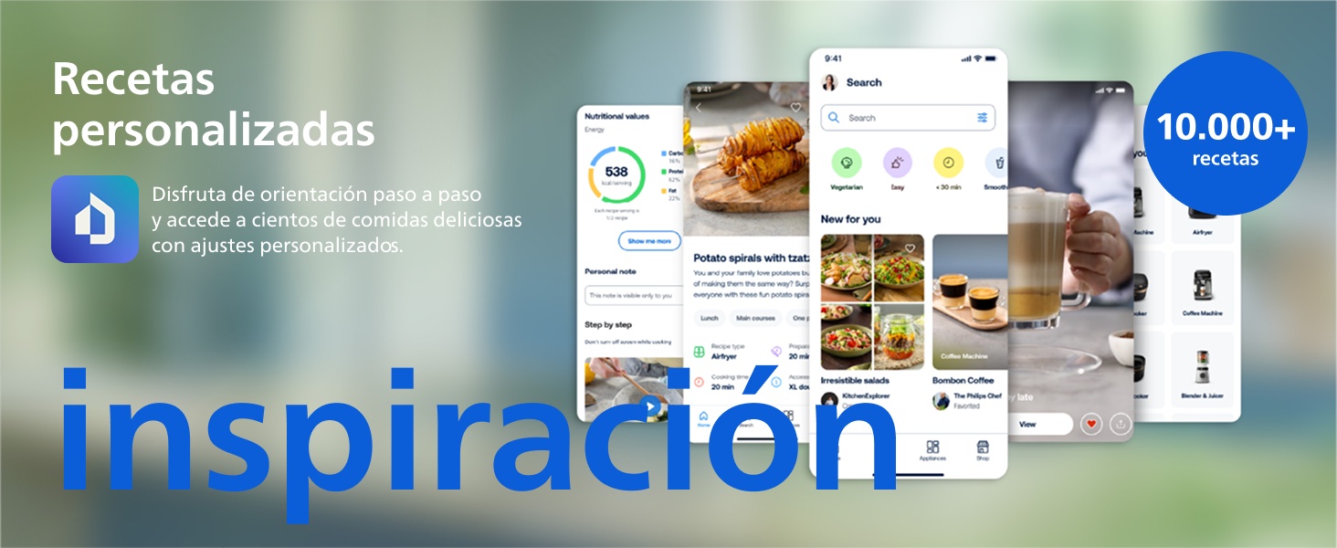 El texto dice «Inspiración». Captura de pantalla de la interfaz de la aplicación móvil que muestra contenido relacionado con recetas y alimentos con opciones de personalización.