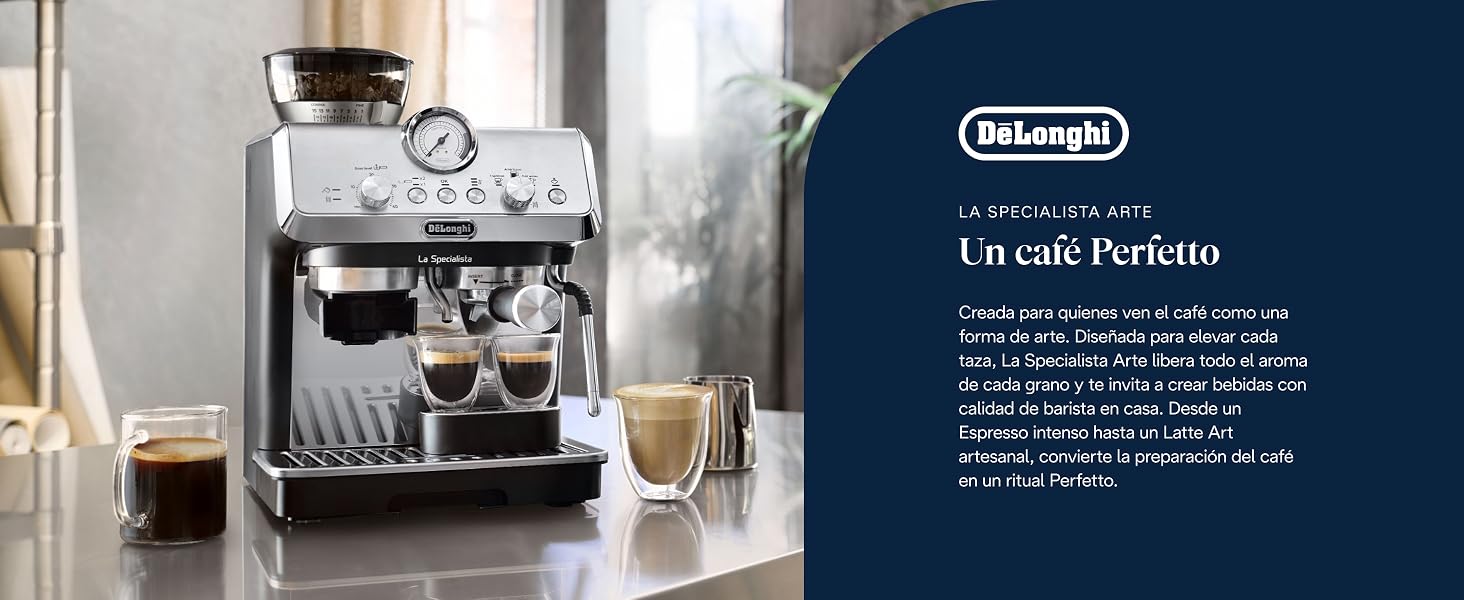 El texto dice «DeLonghi». Configuración de la cafetera con varias vistas que muestran la preparación del espresso y los detalles de la máquina sobre fondos claros y oscuros.