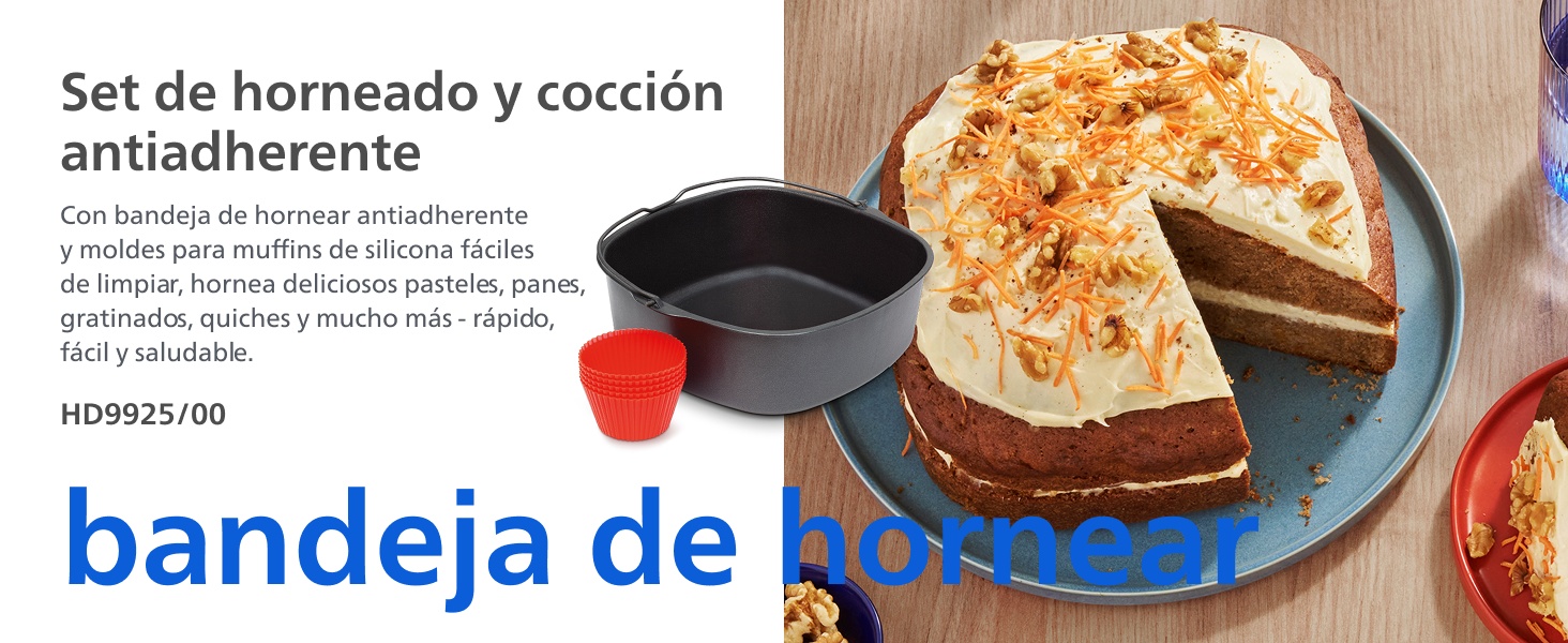 El texto dice «Set de horneado y cocción», «antiadherente» y «bandeja de». Fotos del producto que muestran varios moldes para hornear y utensilios de cocina.